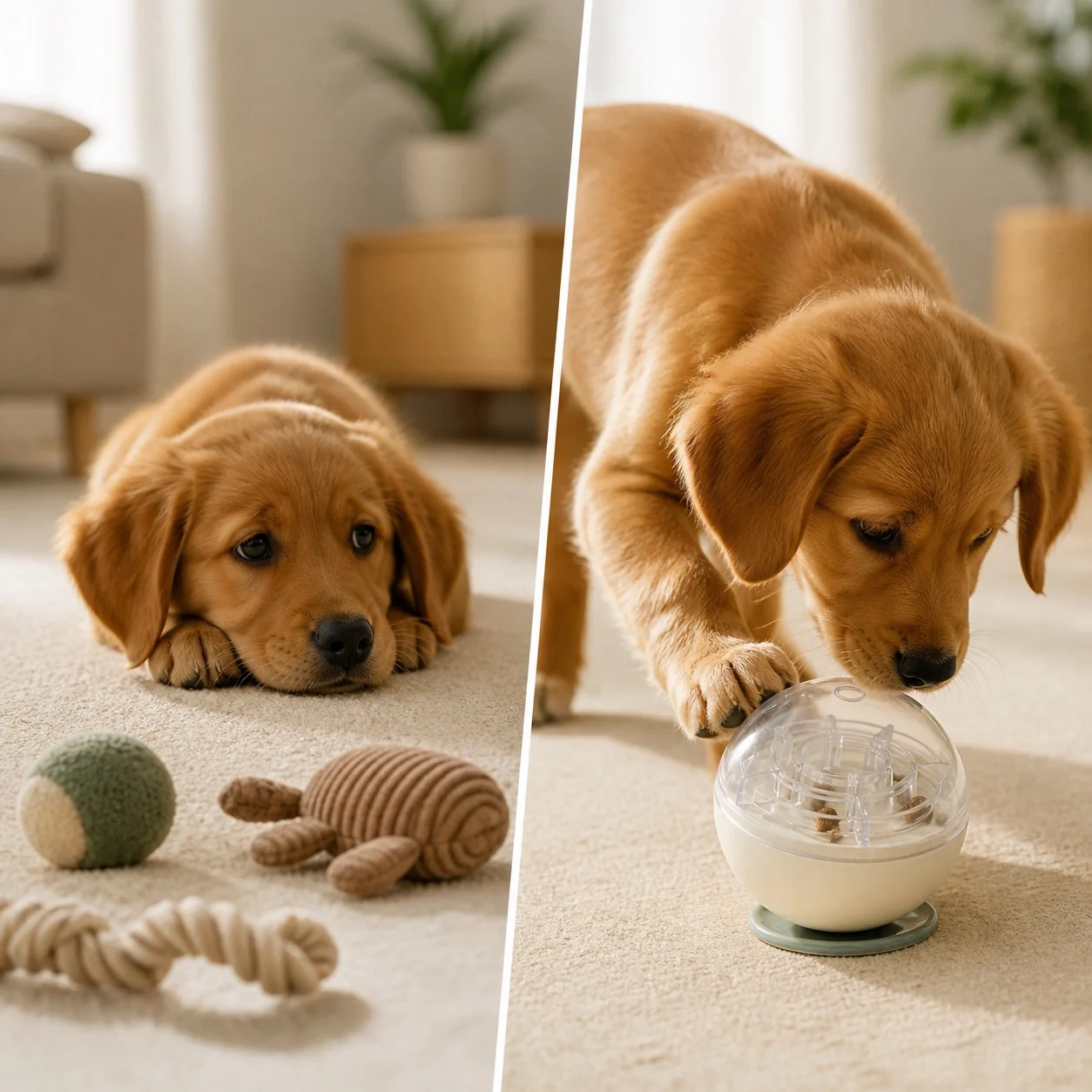 Illustrative before and after: bored puppy then discovering the Naïa Malin puzzle toy