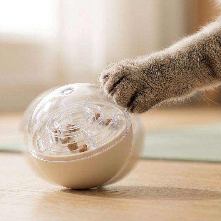A cat's paw pushing the Naïa Malin ball across the wooden floor, kibble visible inside the maze