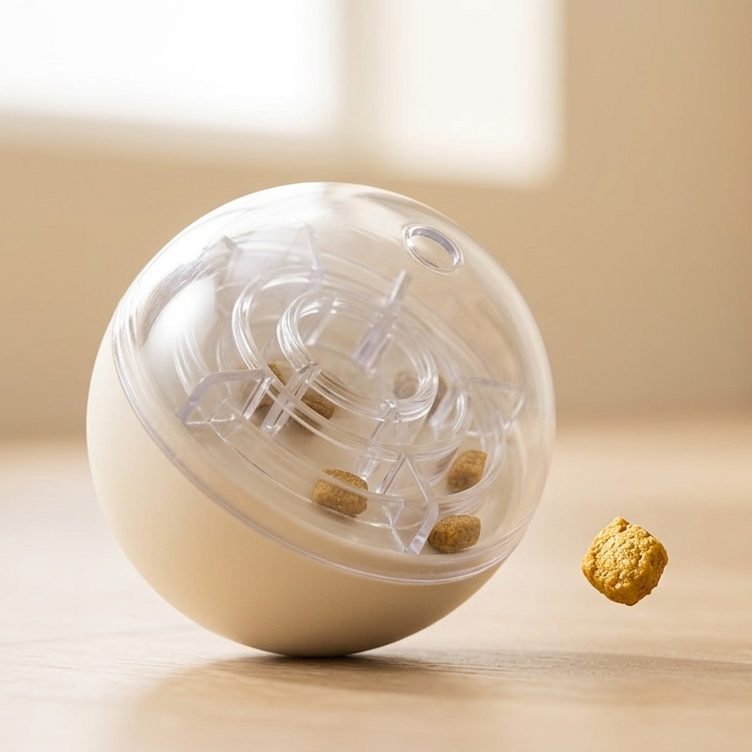 A piece of kibble tumbling out of the Naïa Malin toy resting on the floor