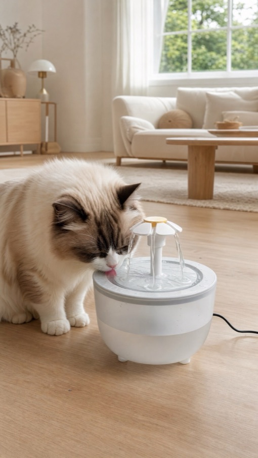 Chat qui s'hydrate à sa fontaine à eau fraîche dans le salon