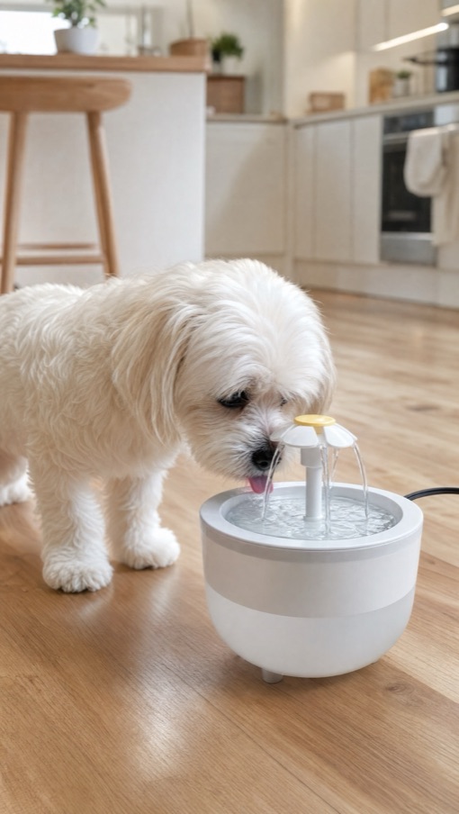 Chien qui boit de l'eau fraîche à la fontaine dans la cuisine
