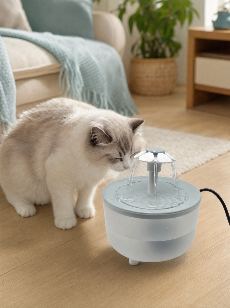 The Naïa water fountain in a bright interior, with a cat drinking