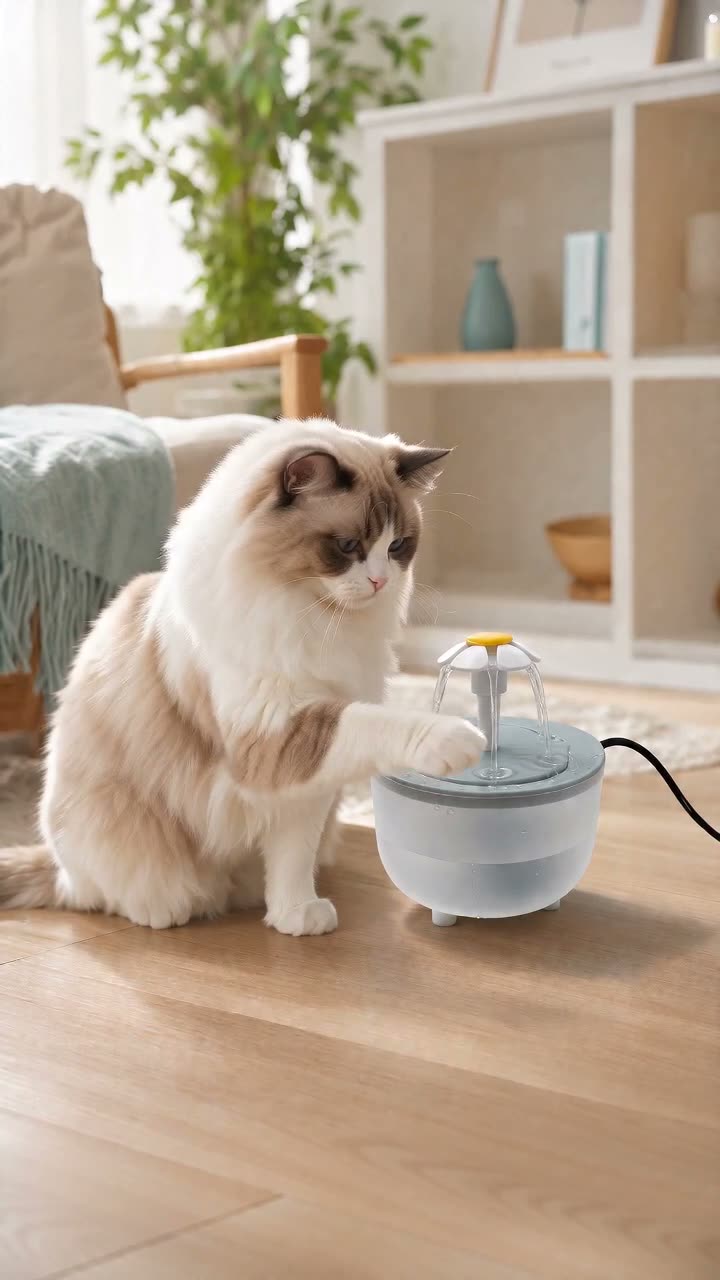 Kitten discovering the Naïa water fountain