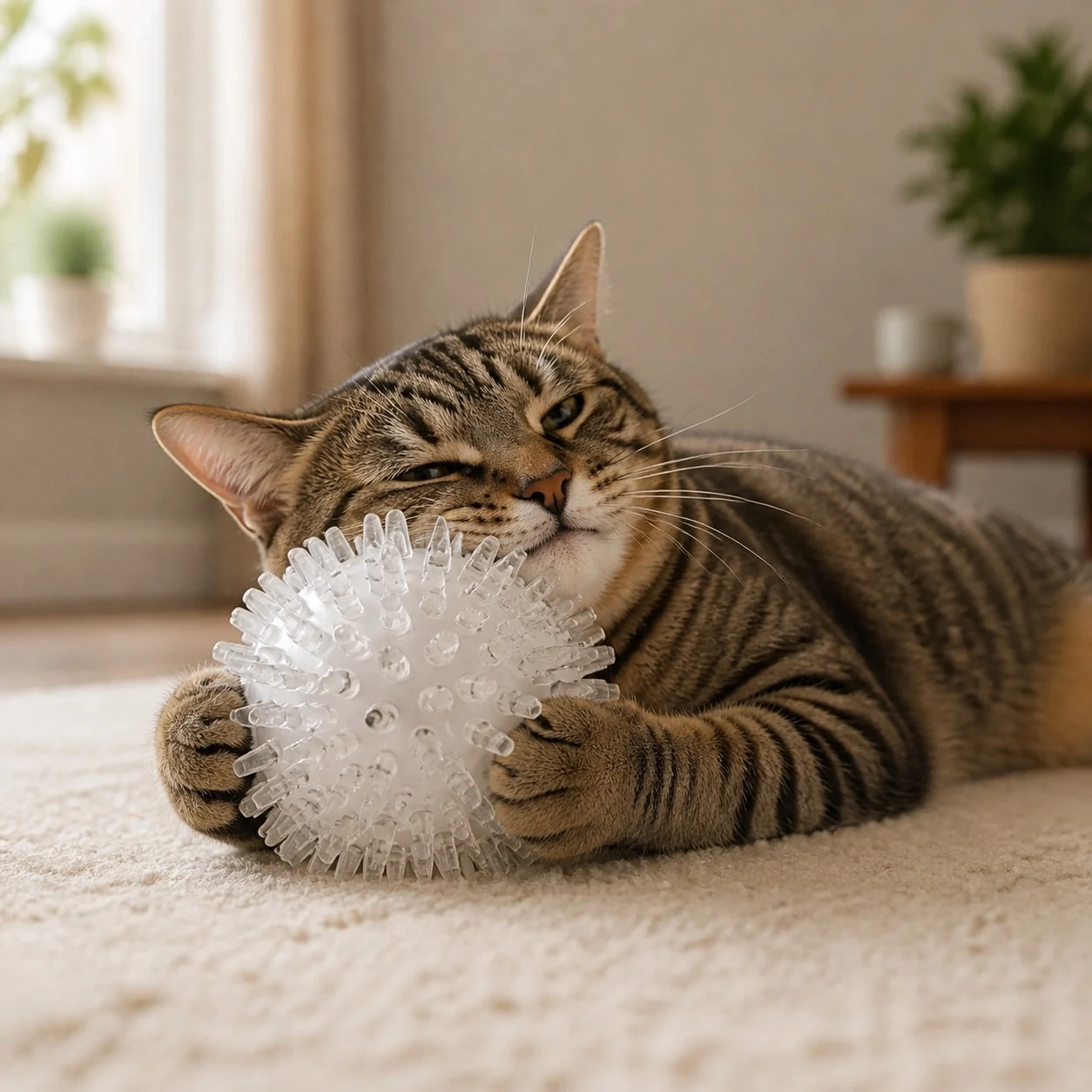 Gato explorando los suaves relieves de la pelota Naïa Senses