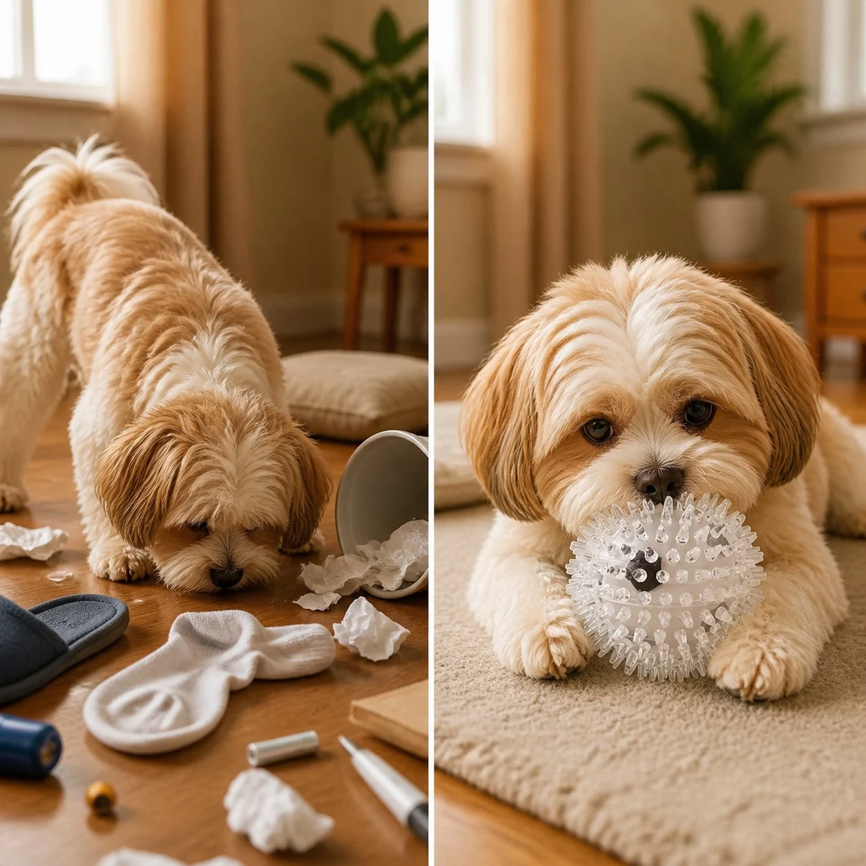 Antes y después ilustrativo: perro inactivo y después jugando con la pelota Naïa Senses