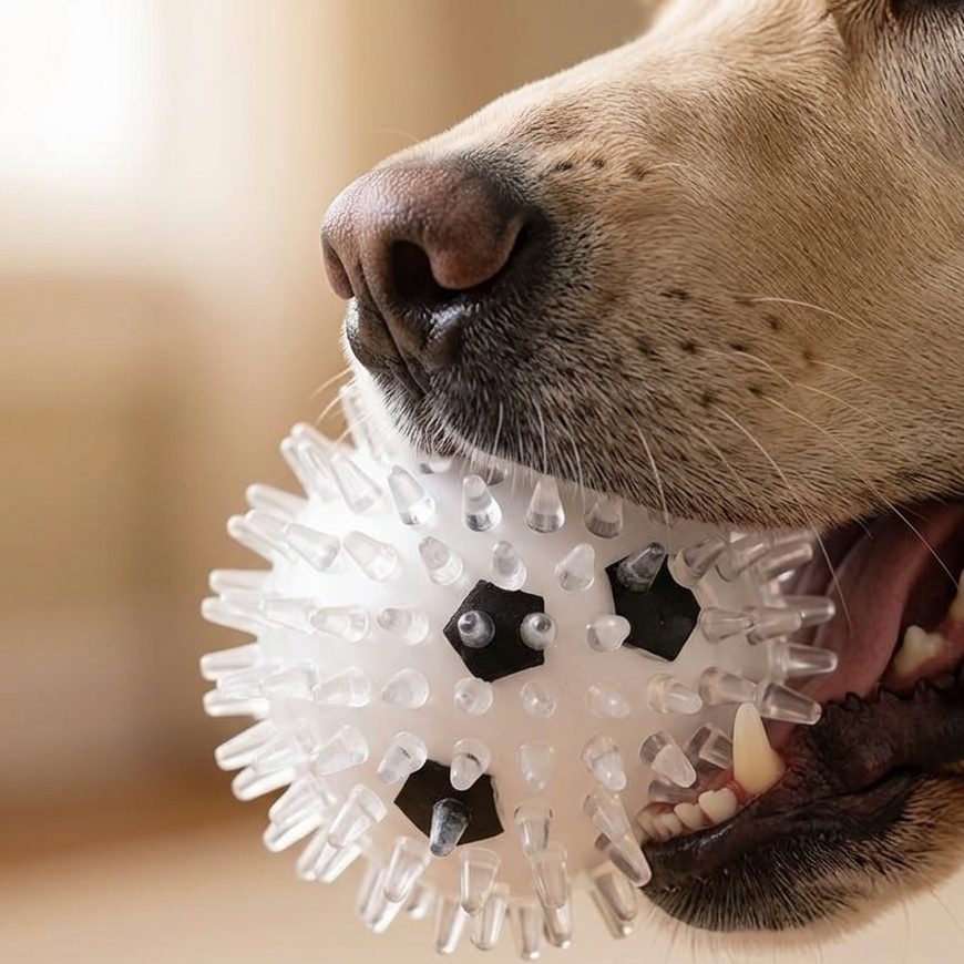 Perro que mordisquea la pelota con púas Naïa Senses, con las puntas blandas en contacto con las encías
