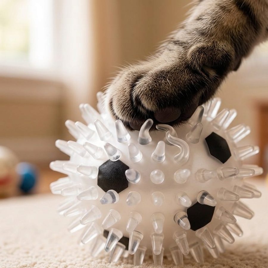 Pata de gato apoyada sobre las púas translúcidas de la pelota Naïa Senses, que se doblan bajo la presión