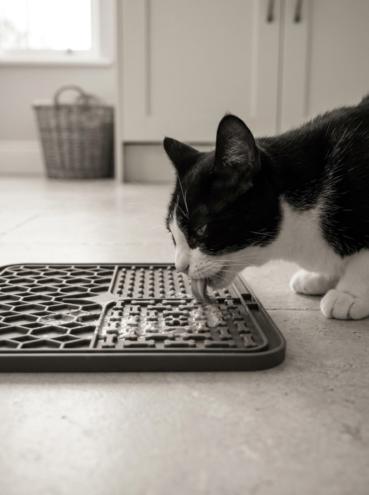 Chien qui lèche calmement son tapis de léchage anti-stress Naïa