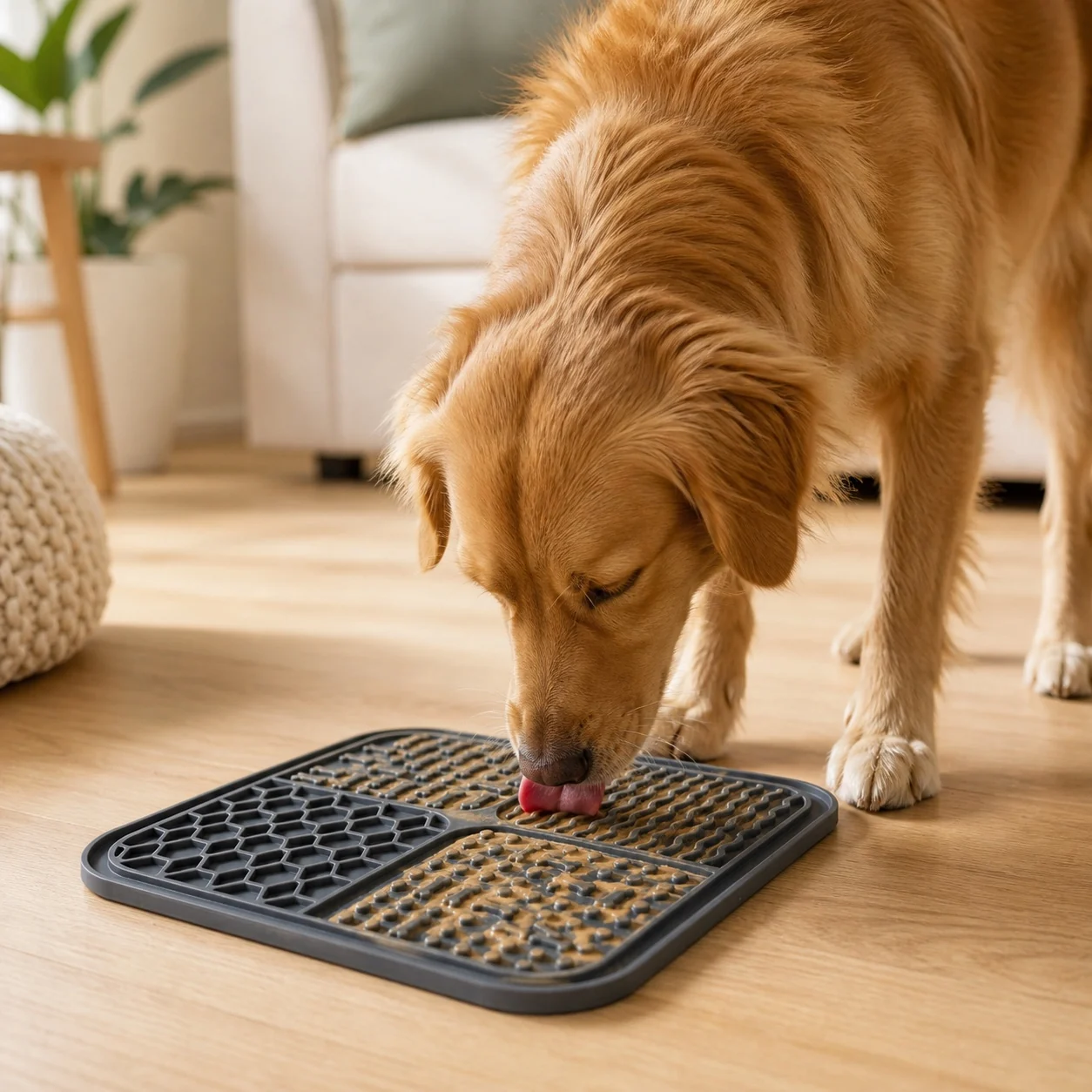 Focused dog using the Naïa Sérénité lick mat