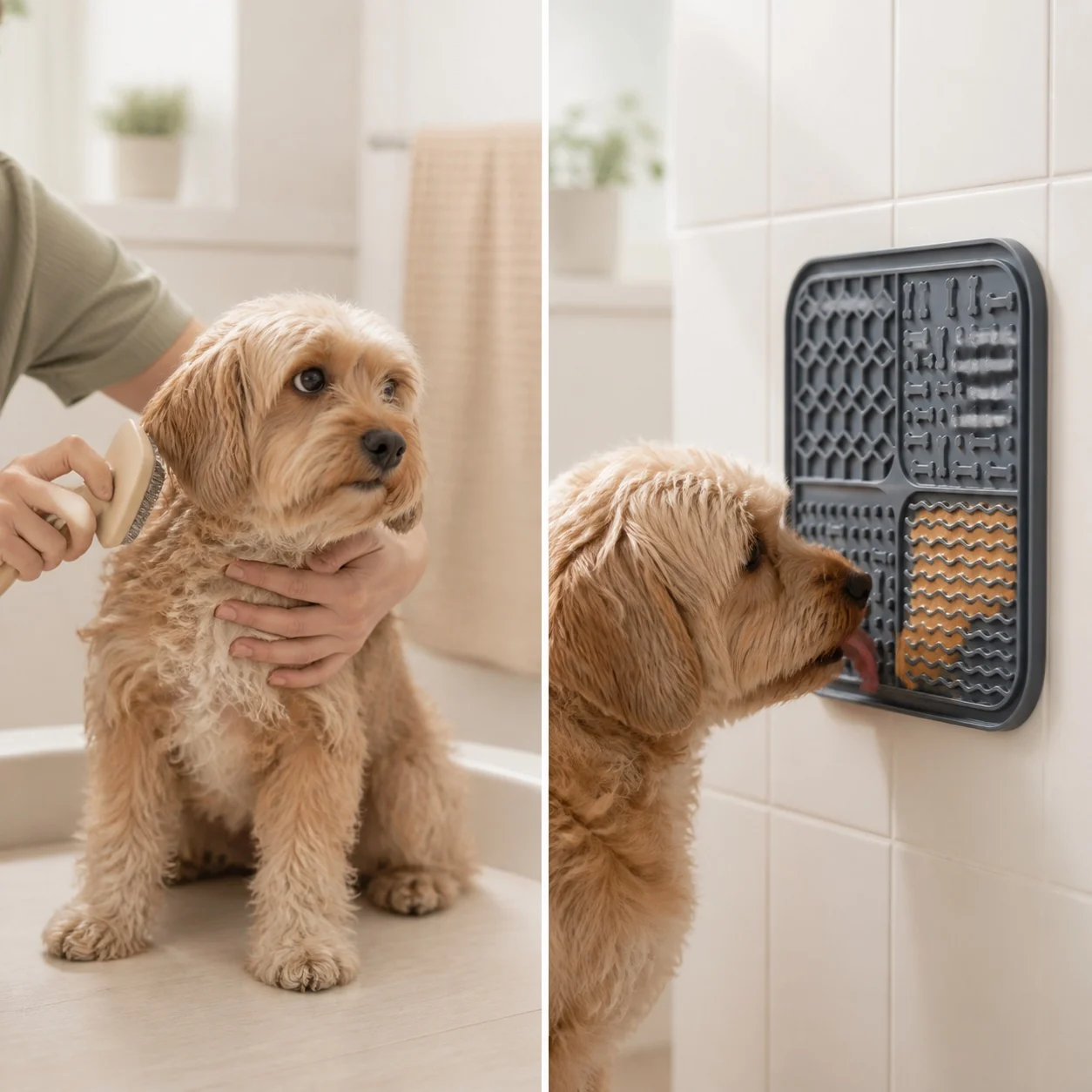 Illustrative before and after: restless grooming then a dog occupied with the Naïa Sérénité mat