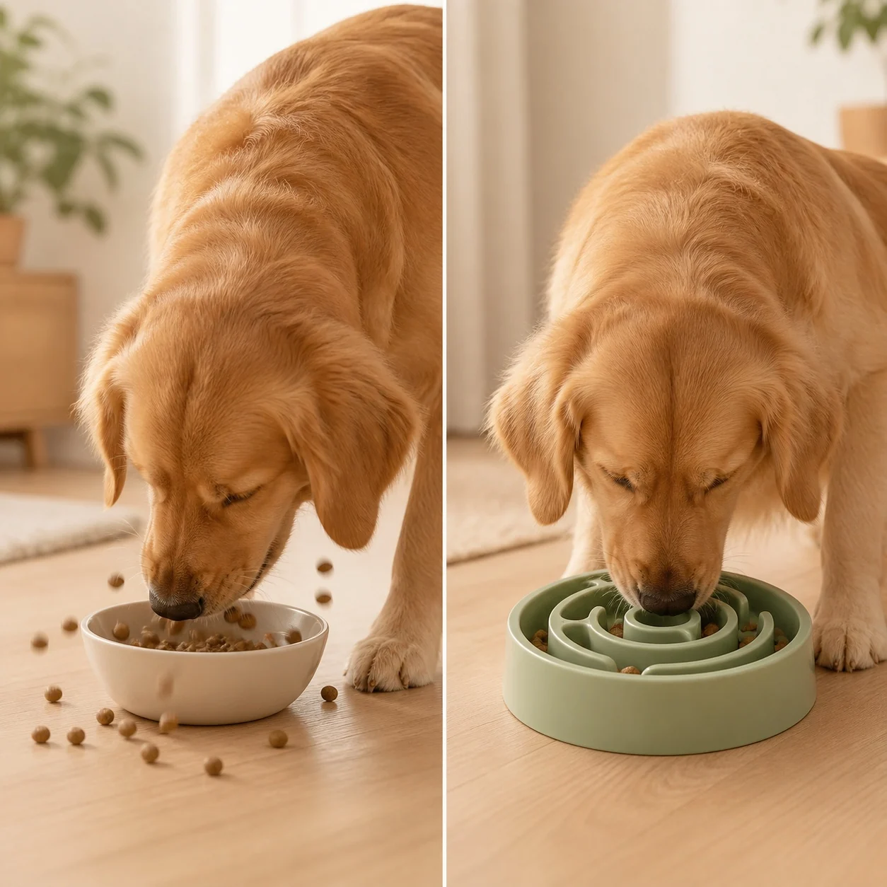 Illustrative before and after: meal eaten too quickly then Naïa Tempo maze bowl