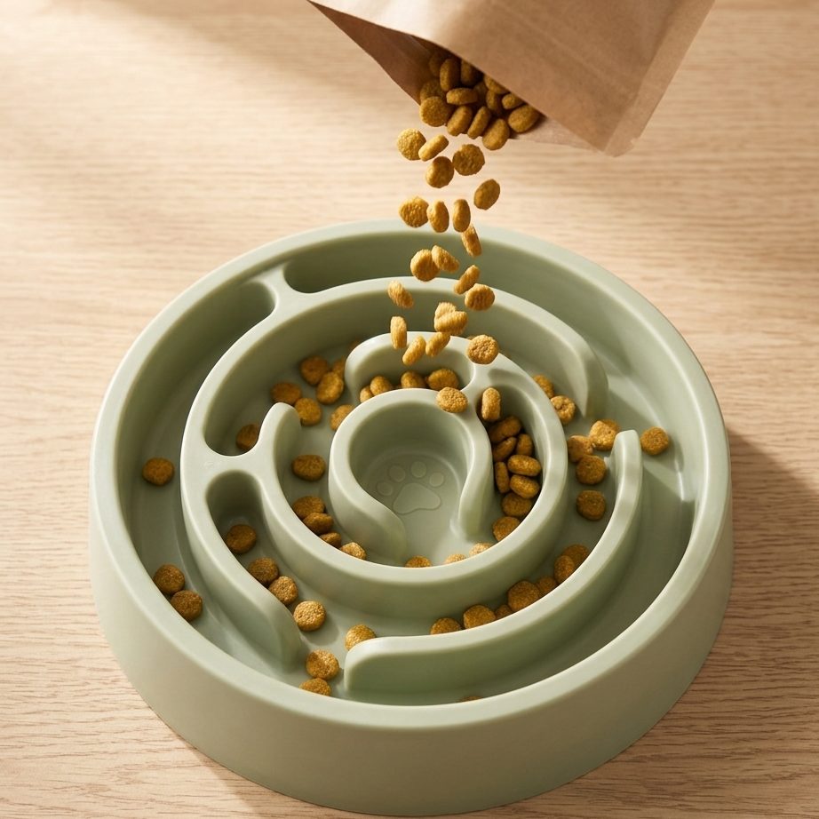 Kibble poured from a kraft paper bag falling into the spiral channels of the Naïa Tempo bowl
