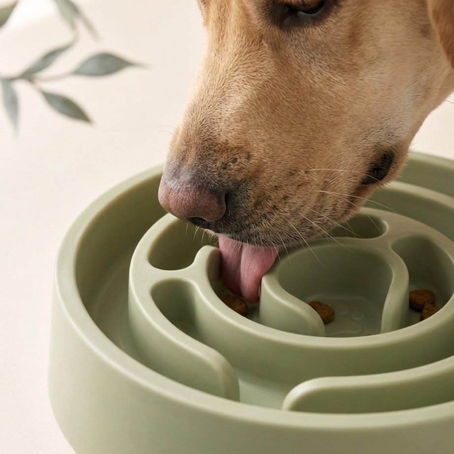 A Labrador's muzzle, tongue reaching for a piece of kibble deep in a channel of the Naïa Tempo bowl