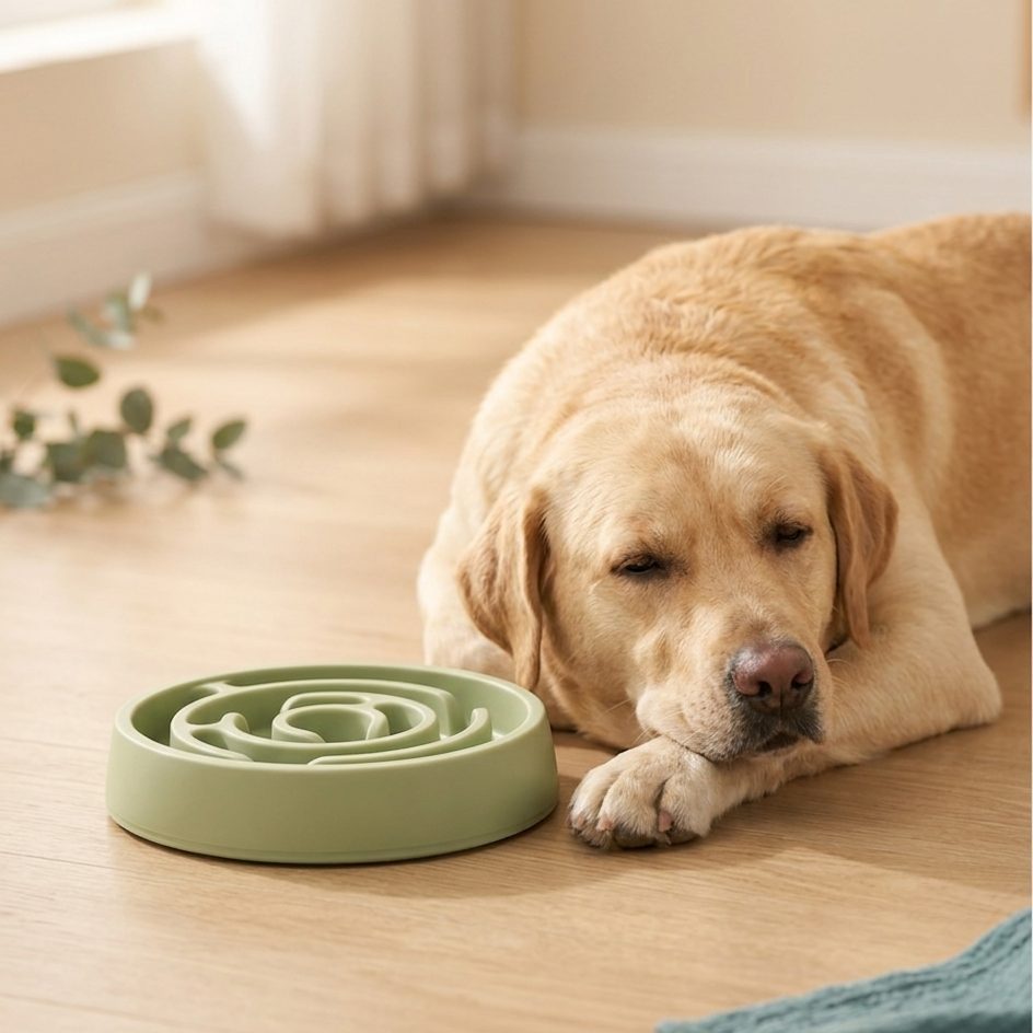 Labrador lying beside its empty Naïa Tempo bowl, head resting on its paws after the meal